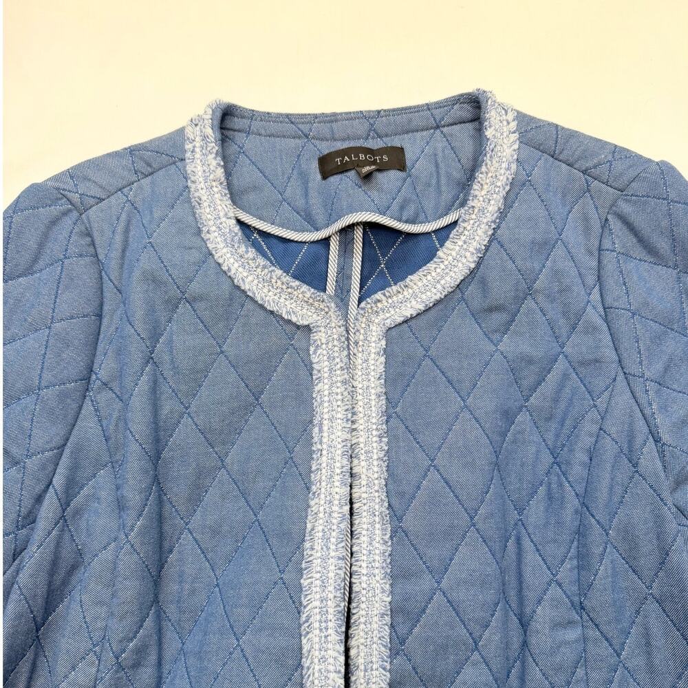 Talbots Quilted Chambray Jacket Size 12 Blue Tweed Trim Cropped - Picture 4 of 15